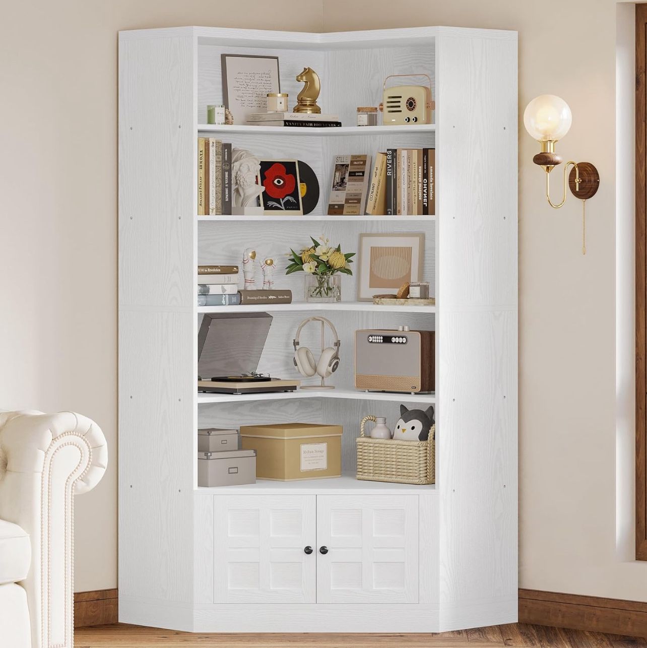 IRONCK 81" Corner Bookshelf with Door, 6 Tiers Lagre Bookshelves with Storage Rack, Tall Bookcase for Living Room Home Office, White
