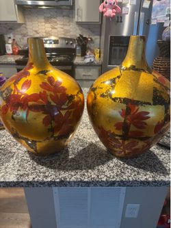 Set of 2 Japanese Style Gold & Red Floor Vases