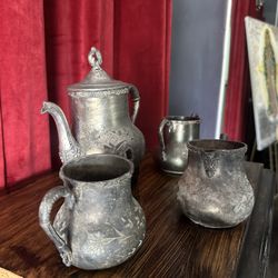Antique Victor Silver Co. Quadruple Plate Tea Set – 4-Piece Victorian Floral Engraved