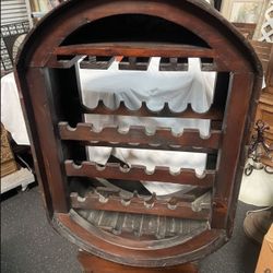 Vintage Rustic Wood Oval Barrel Wine Bottle & Glasses Rack Cabinet