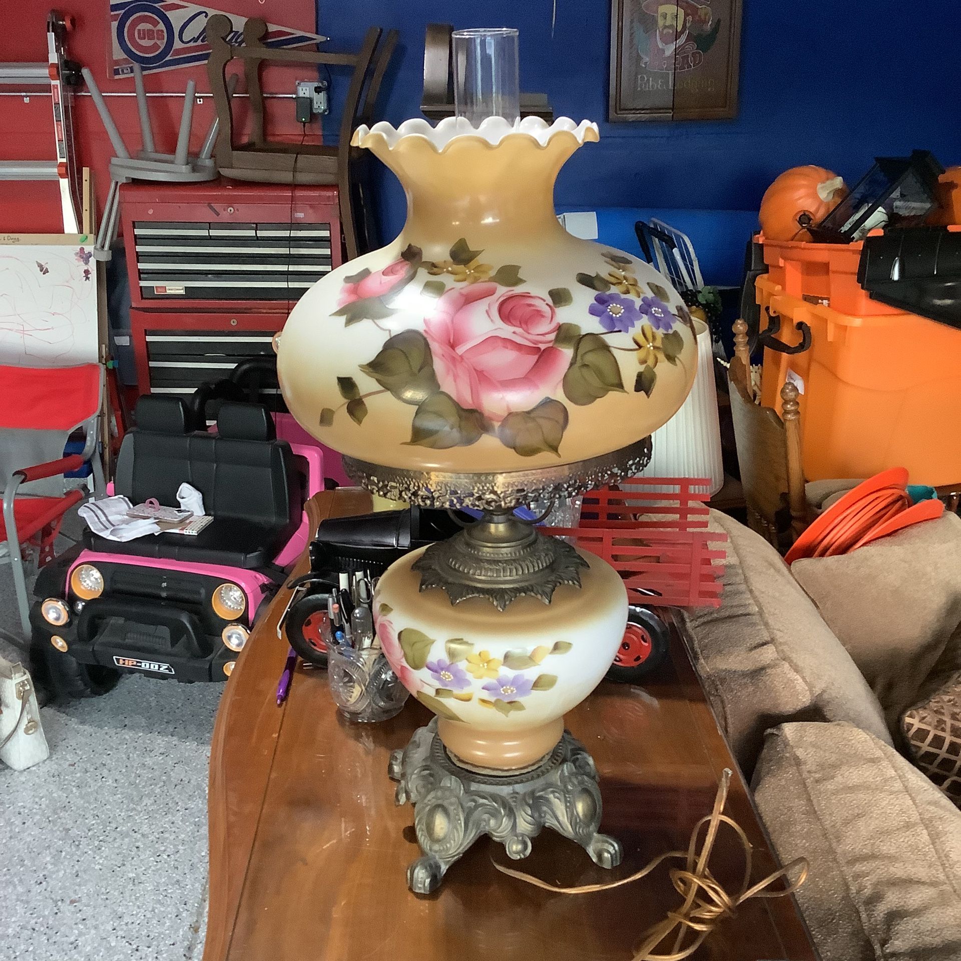 Gone With The Wind Parlor Hurricane lamp hand painted pink blue flowers