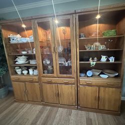 3 Piece Oak China Display Cabinet Hutch Lighted 8’ Across