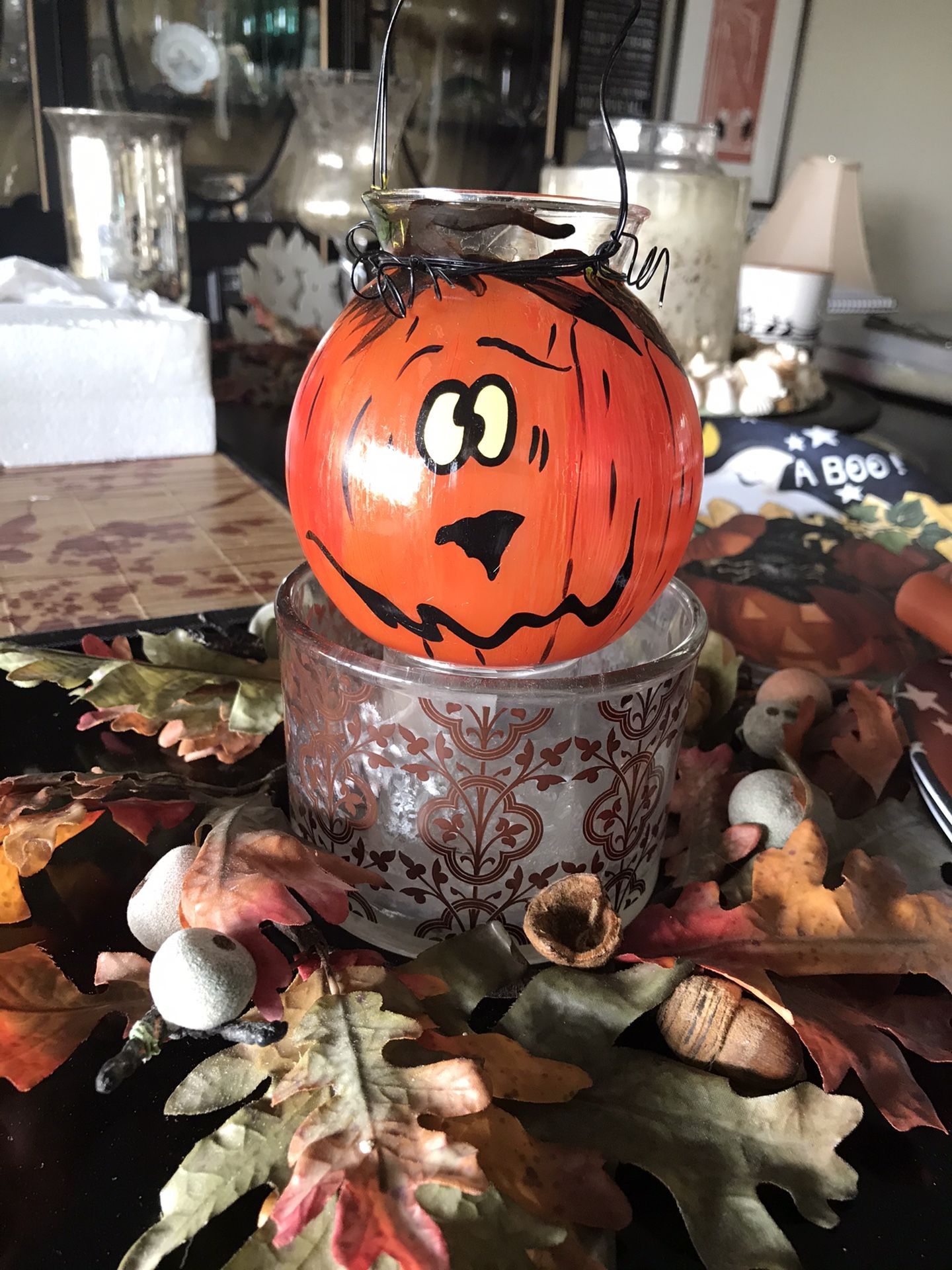 Pumpkin Face Glass Tealight Holder