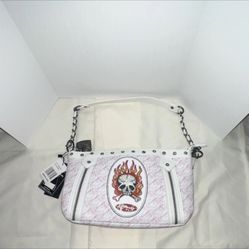 Ed Hardy Skull Studded Shoulder Bag Chain Strap White Pink Tattoo Flame