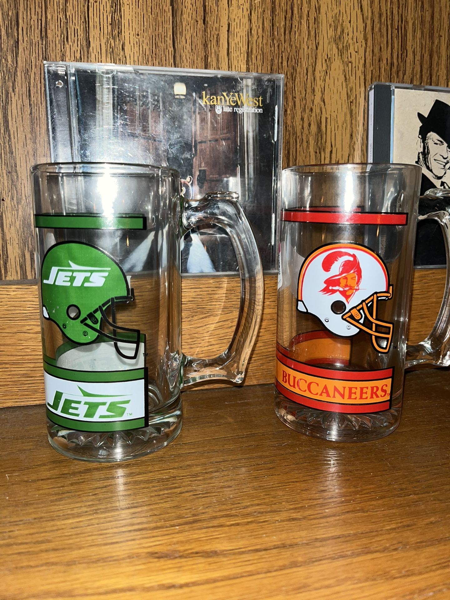 1980s Buccaneers and Jets Stein Mug Glasses