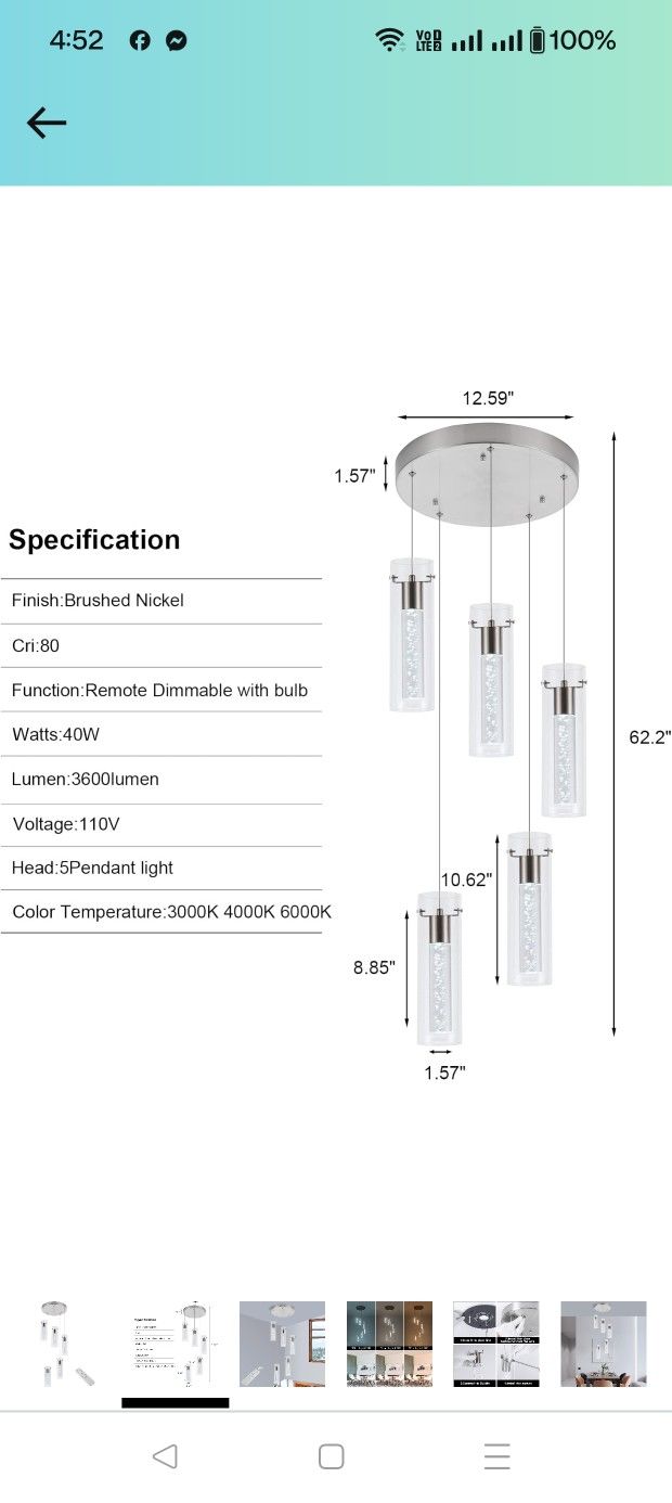 Pendant Light fixtures,5-Light Kitchen Island Pendant Lights, 40W CRI 80+, 3400lm Remote Dimmable Tri-Color with Brushed Nickel Finish for Dinning Roo