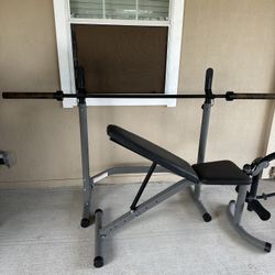 Body Champ adjustable Weight Bench with Leg Extension Attachment & cap 45Lb Olympic Barbell 7ft $170