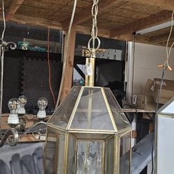 Vintage Brass And Beveled Glass Chandelier 