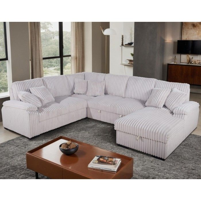 Brand New Biege Corduroy U Sectional With Pullout Sofa And Storage Chaise (123.03 x 97.64 (66.93 Chaise) x 38.19 in. H
(SEAT HEIGHT: 18.90 in.)