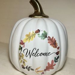 Fall Season Large White Ceramic “Welcome” Pumpkin Fall Flowers & Gold Stem New