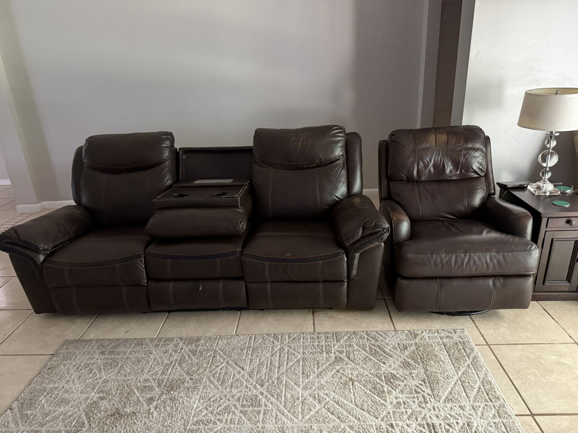 Leather Sofa With Middle Armrest And Cupholder/Mathcing Recliner