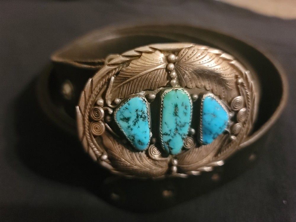 Turquoise And Navajo Sterling Silver Belt Stamped