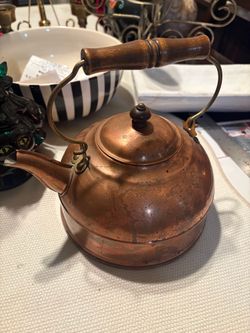 Vintage Copper Tea Kettle with Wood Handle
