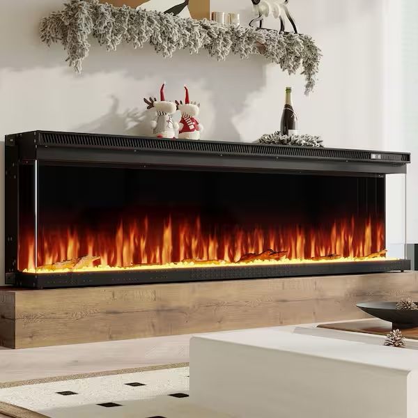 60 in. Wall Mount Electric Fireplace in Black with 3-Sided Flame Display, Adjustable Multi-Color Flames, WiFi Control