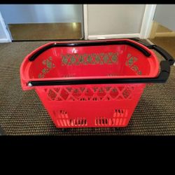 Red Basket With Handle On Wheels