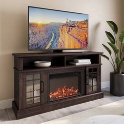 Z129-Traditional 58" Rustic TV Stand with 23" Electric Fireplace Heater with Sound, Media Entertainment Center Console Table for TV up to 65" with Ope