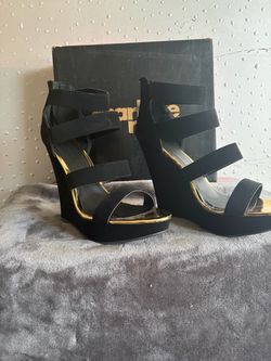 Black Wedge Sandals with Gold Trim