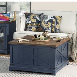 Farmhouse Coffee Table with Hidden Storage Organizer, Modern Square Large Center Table, Wood Farm House Low Navy Blue Living Room Tables with Hinged L