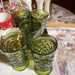 60,s Antique Green Glasses And Mason Jar Straw Glasses 