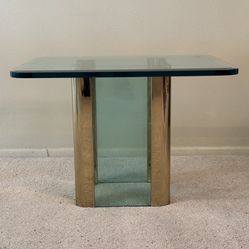 Vintage Leon Rosen Pace Collection Glam Mid Century Modern Brass Thick Glass Large Side End Accent Table Hollywood Regency  