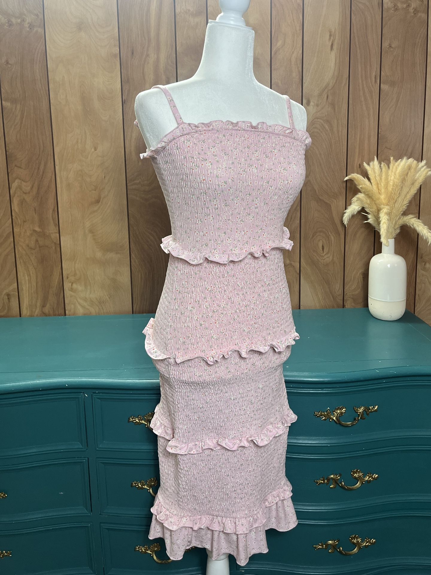 PINK RUFFLE COQUETTE MIDI DRESS