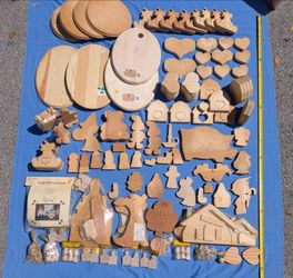 Large VINTAGE (100+ pieces) Unfinished Wood Craft Cutouts, Variety of figures & plaques