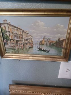 Original Small vintage framed Venice Italy canals oil on canvas painting signed Luca Zogno