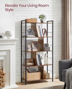 Storage Unit, Bookcase, 5 Tiers, Open Compartments, Office Living Room, Bedroom, Industrial Style, Rustic Brown and Black LBC121B01