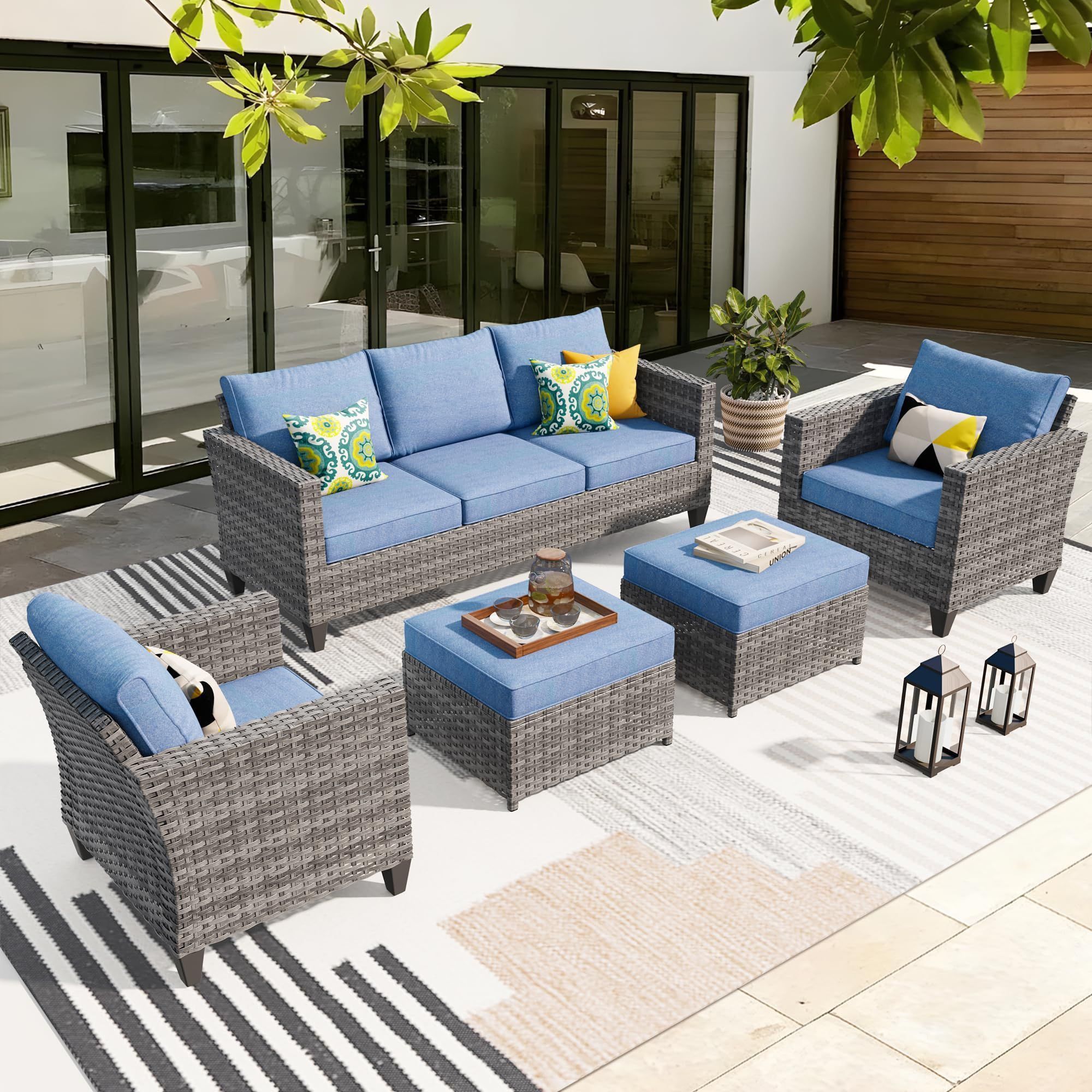 New ovios 5 Piece Outdoor Wicker Rattan Sofa Couch with Chairs, Ottomans and Comfy Cushions, All Weather, Denim Blue