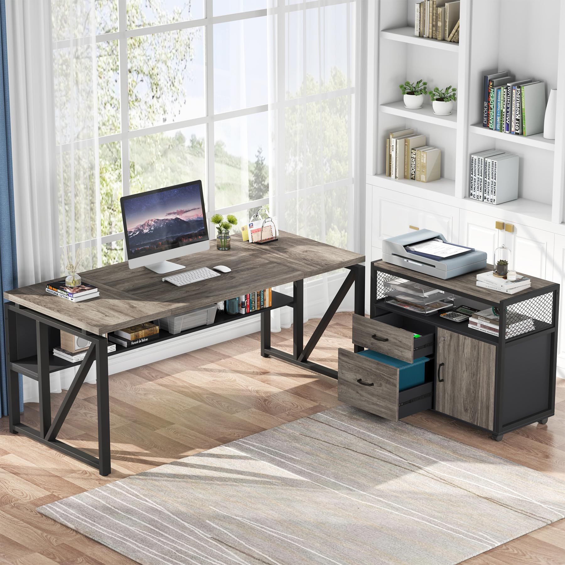 Tribesigns L Shaped Desk with Drawer Cabinet, 63" Executive Computer Desk and lateral File Cabinet, 2 Piece Home Office Furniture with Drawers for Han