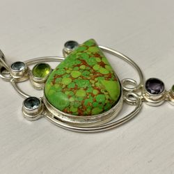 Green Hand Crafted Sterling 925 Gemstone Pendant & Snake Chain Artisan Jewelry