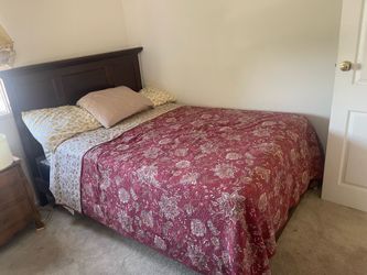 Full Size Bed, Dark Wood Panel Frame + Box Spring & Mattress