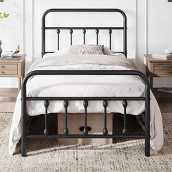 Classic Metal Platform Bed Frame Mattress Foundation with Victorian Style Iron-Art Headboard/Footboard/Under Bed Storage/No Box Spring Neede