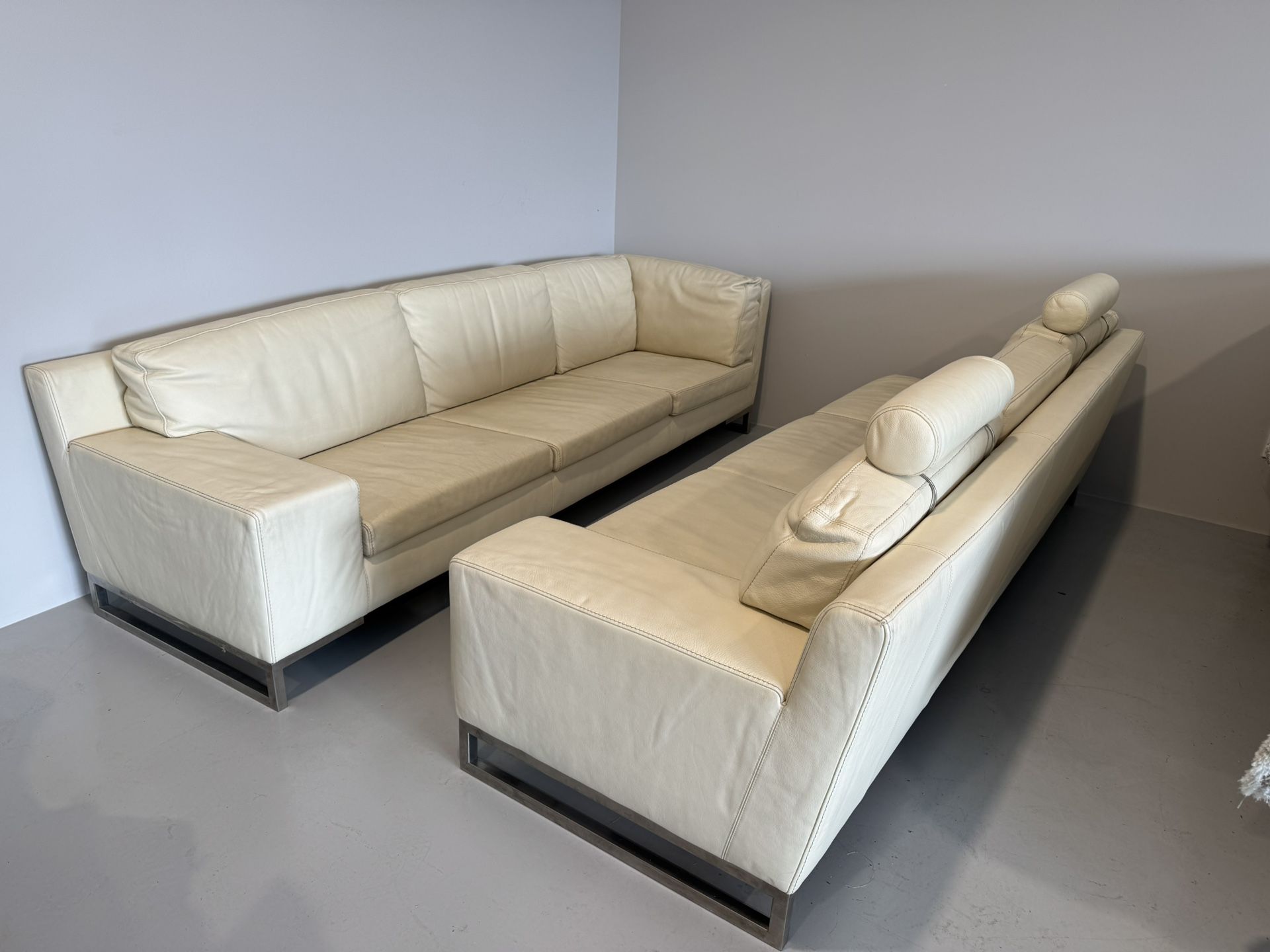 Modern Cream Leather Sofa Set (2) – Stainless Steel Base – Excellent Condition