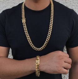 14MM Cuban Set 14K Gold Plated Doesn't Loses Color