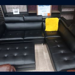 *Memorial Day Now*---Ibiza Bold Black Leather Sectional Sofa W/Ottoman---Delivery And Easy Financing Available🙌