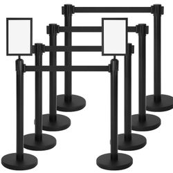 Therwen 8 PEC STANCHIONS WITH 8.2 FT RETRACTABLE BELT BLACK CROWD CONTROL