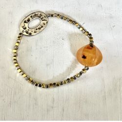Silver And Gold Tone Beaded Bracelet With Orange Bead 