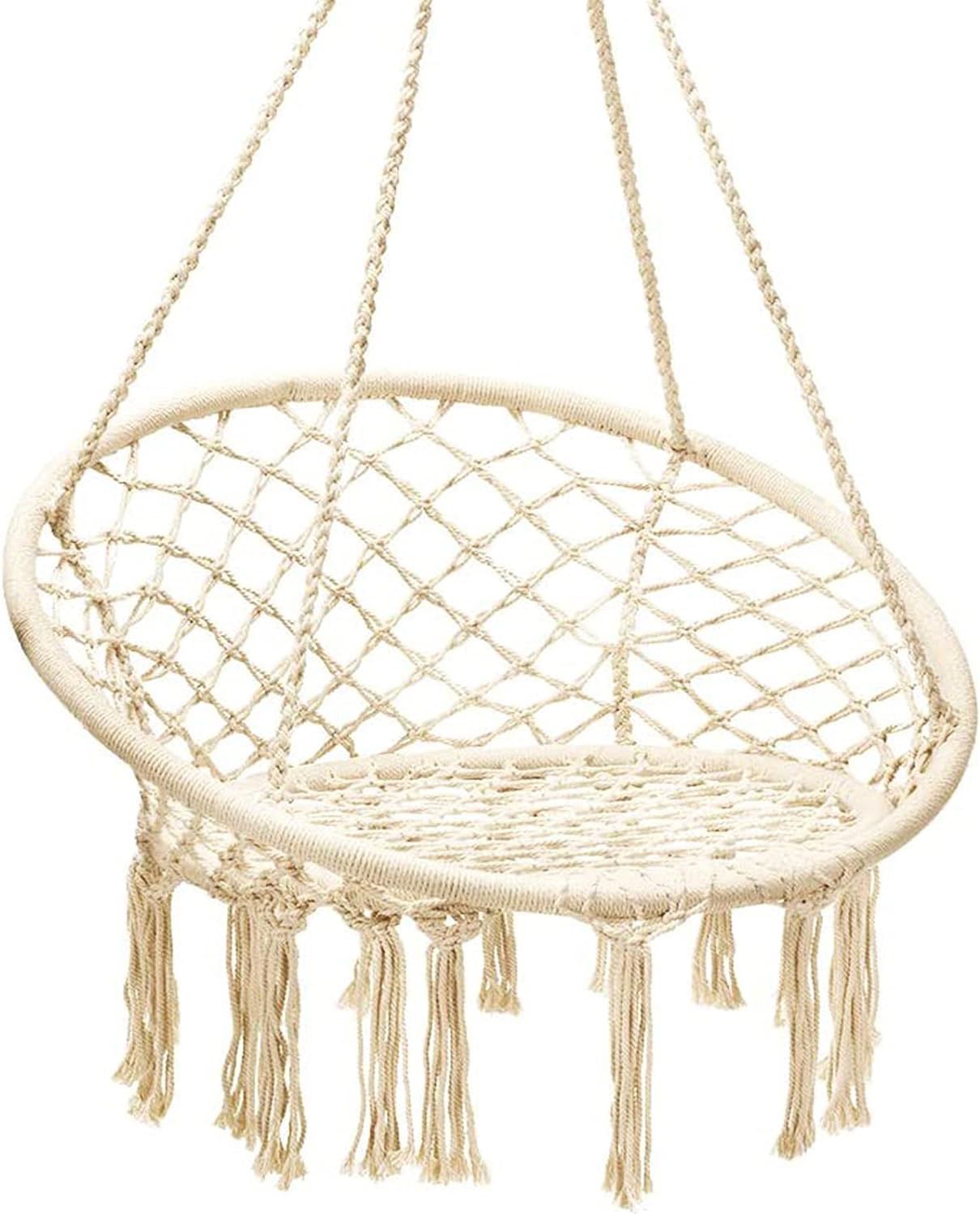 Hanging Hammock Chair, Macrame Hanging Chair 330 Pounds Capacity, Cotton Rope Handwoven Tassels Porch Swing Chair for Bedroom, Living Room, Yard, Gard