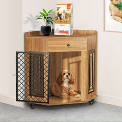 Wooden Dog Kennel End Table with Storage Drawer and Wheels, Corner Dog Crate Furniture, Indoor Dog House with Metal Mesh Door, Vintage Style