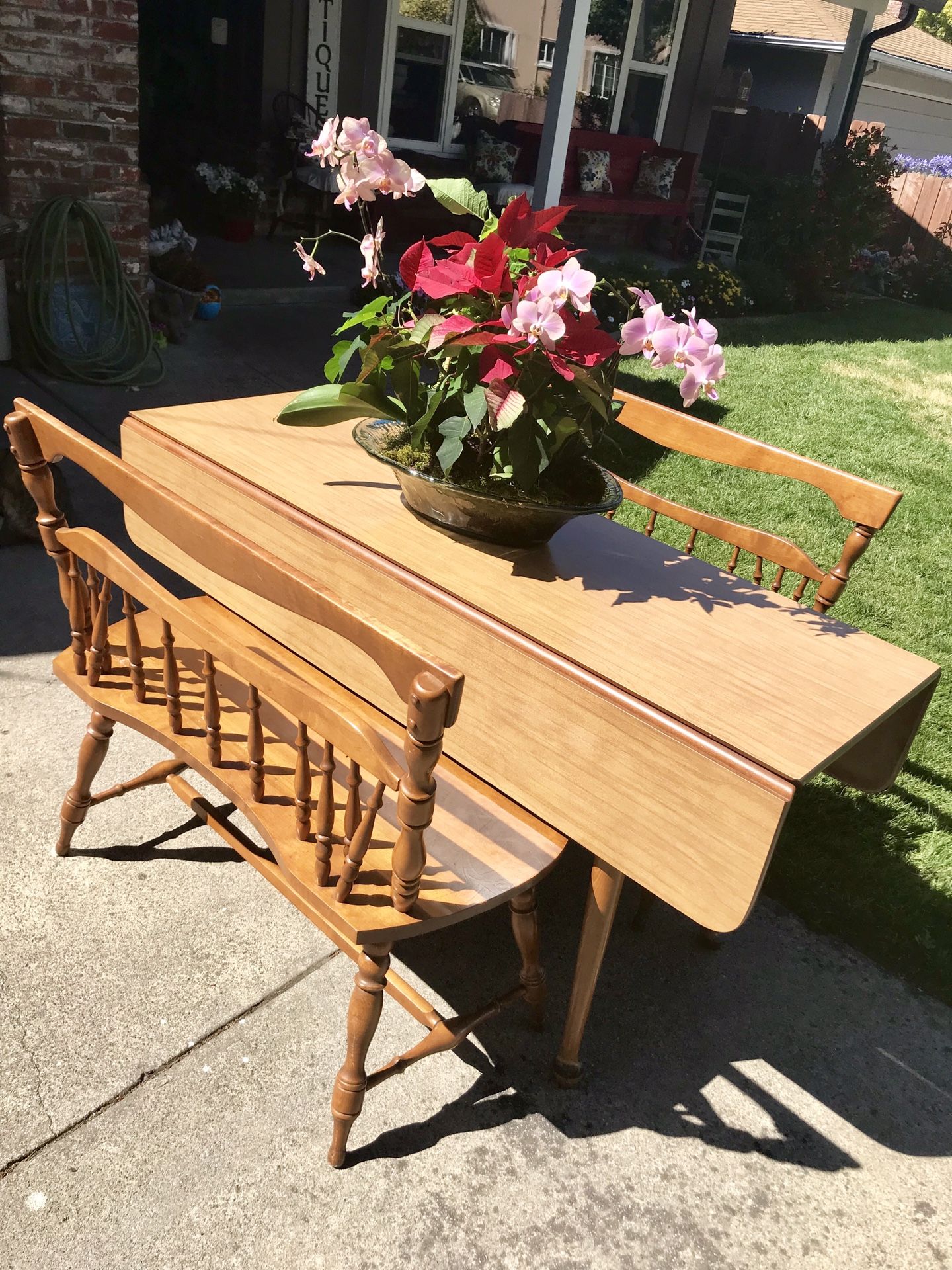 Antique mid century modern dropleaf table with two bench seats