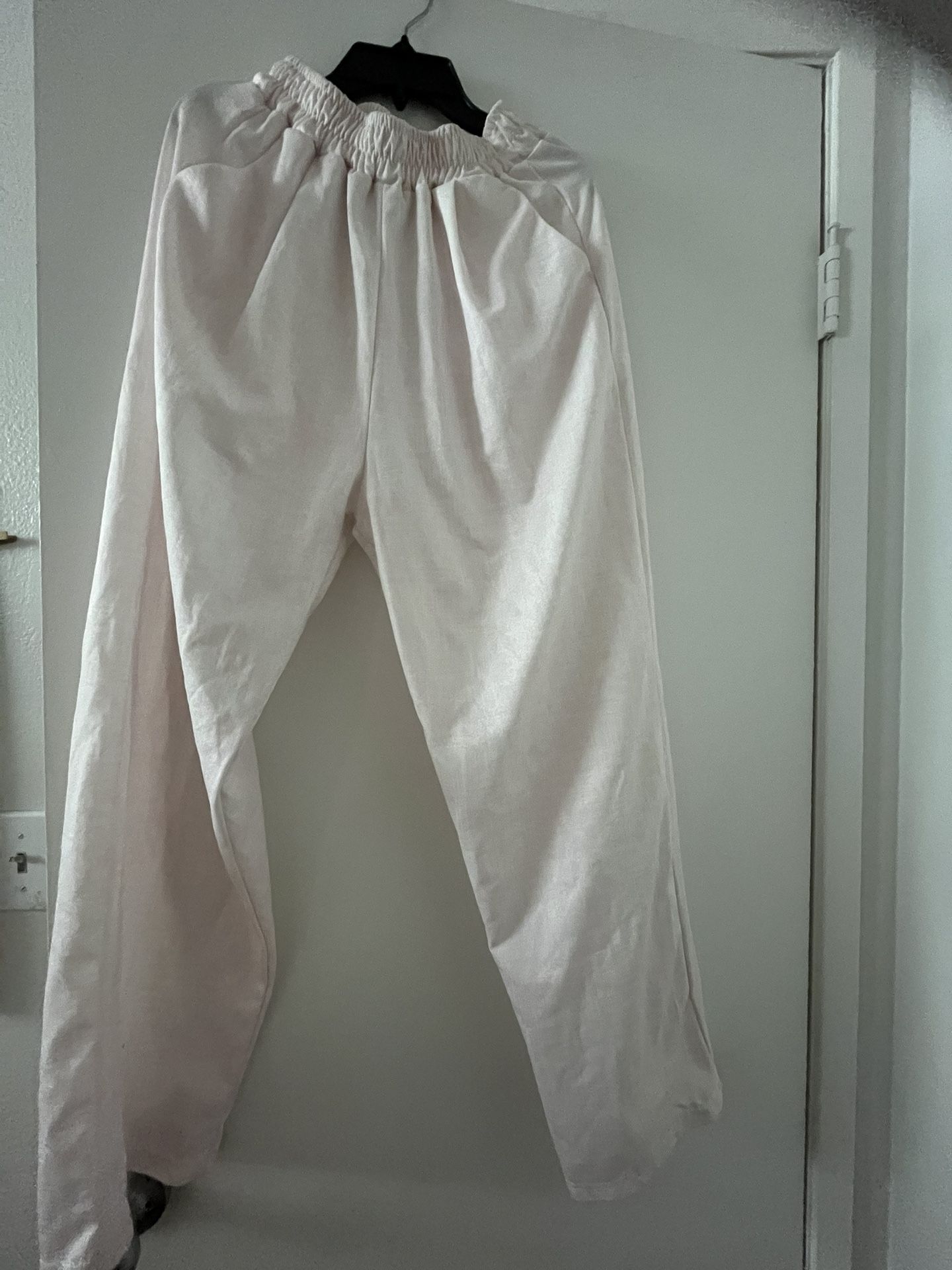 Light Pink Elastic Waist Long Pants - Size M, Stylish and Cute
