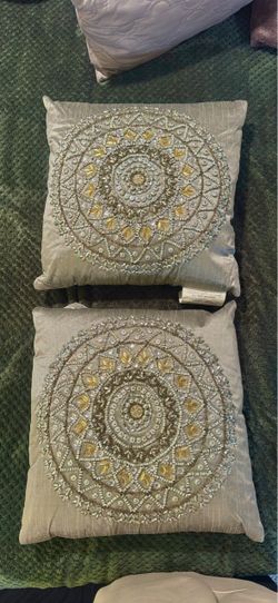 Beaded Pillow Covers 16x16, Set of 2, Gray Satin