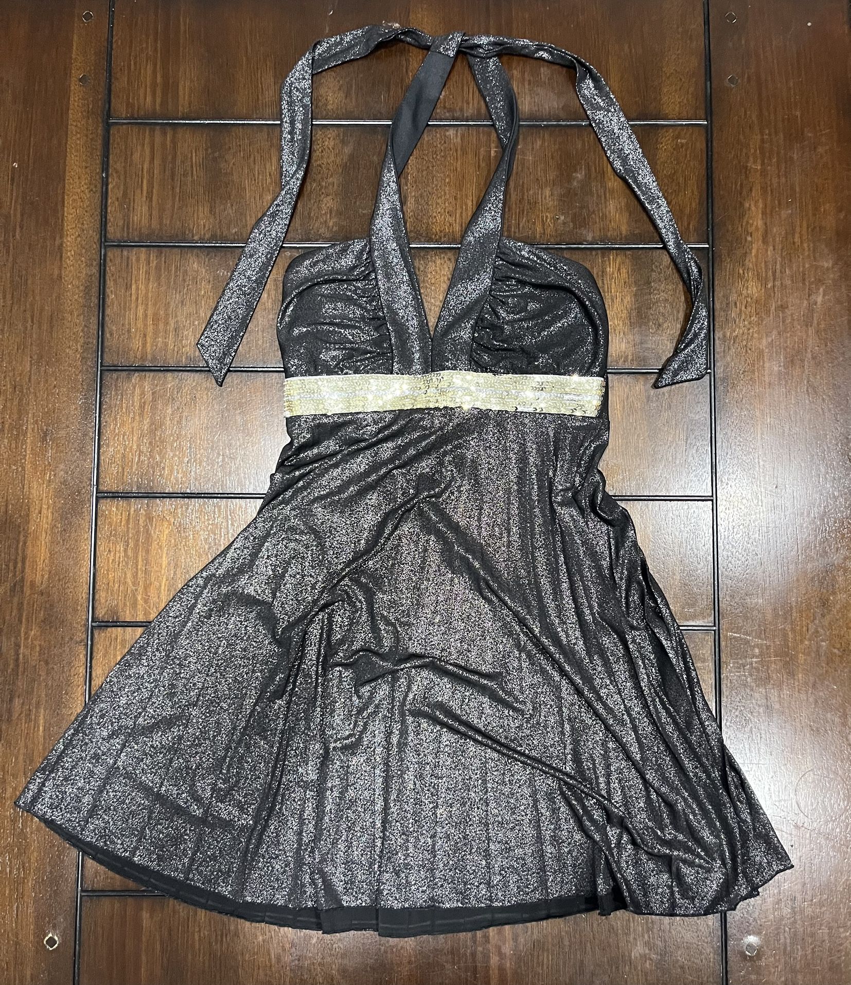 Womens Rampage Black Silver Gold Glitter Halter Dress Size S Y2K Vintage Party