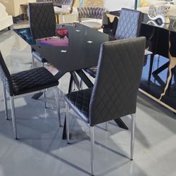 5 PIECE DINING TABLE SET 51.18" Rectangular Clear Tempered Glass Metal Legs