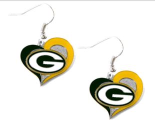 New Green Bay Packers Swirl Heart Shaped Dangle Charm Earrings
