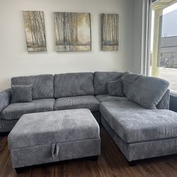 Gray Corduroy Sectional & Ottoman W/ USB Port