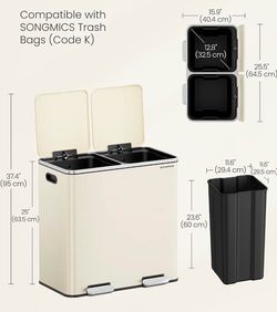 SONGMICS 2 x 10.6 Gallon Garbage Trash Can 2 Compartments Foot Pedal Soft Close Lid - Almond