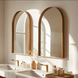 Set of 2, 36”x24” Arched Recessed Medicine Cabinet with Beveled Edge Mirror for Bathroom, Wall Mount