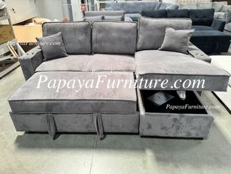 NEW Sectional Couch Pull out Bed and STORAGE Reversible Chaise Lounge Set Pullout Sleeper Bed Dark Grey Fabric Small Living Room Apartment Size Gray